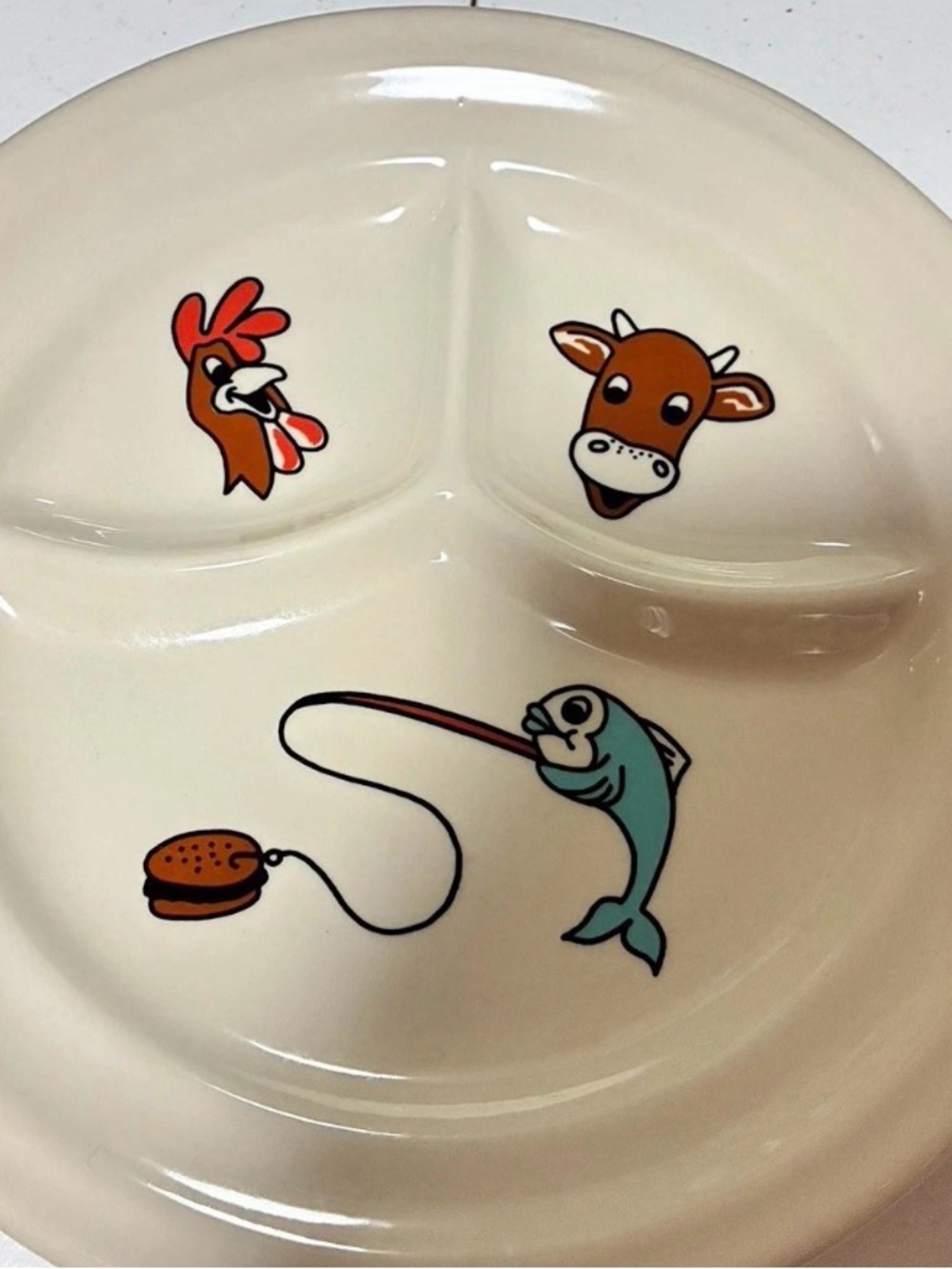 Sterling China Restaurant Ware Child’s Divided Plate Rooster Cow Fish 9" Set 2